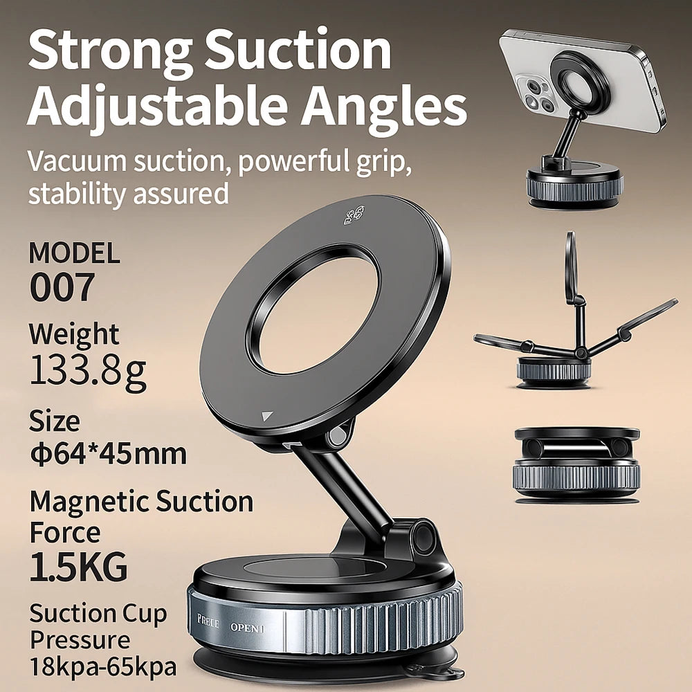 15W MagSafe Magnetic Phone Holder Stand with Vacuum Suction Adjustable Foldable Mount For iPhone 12-15 Car Desk Kitchen
