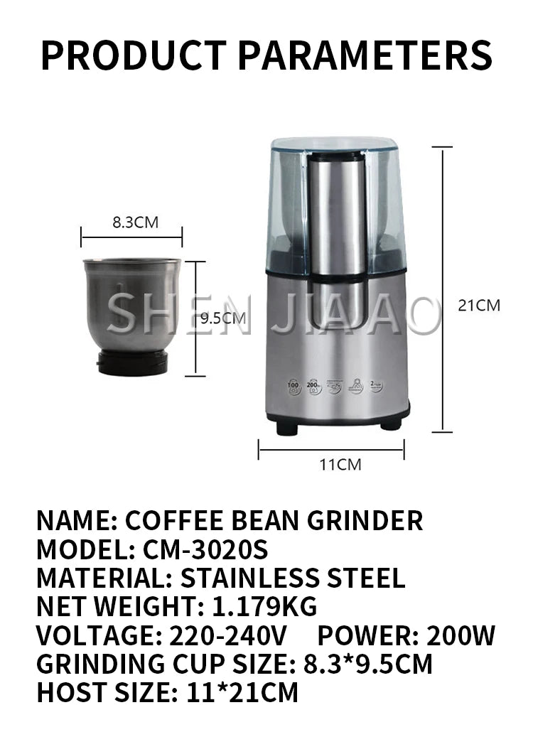 CM-3020S Household Electric Coffee Bean Grinder Removable Cleaning Bean Grinder Coffee Grinder Stainless Steel 220-240V