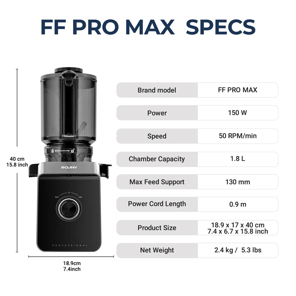 ROUNY Cold Press Extractor with Filter-Free, Easy Clean Electric Fruit Slow Juicer Machine with 130mm Large Feed Caliber,  Black