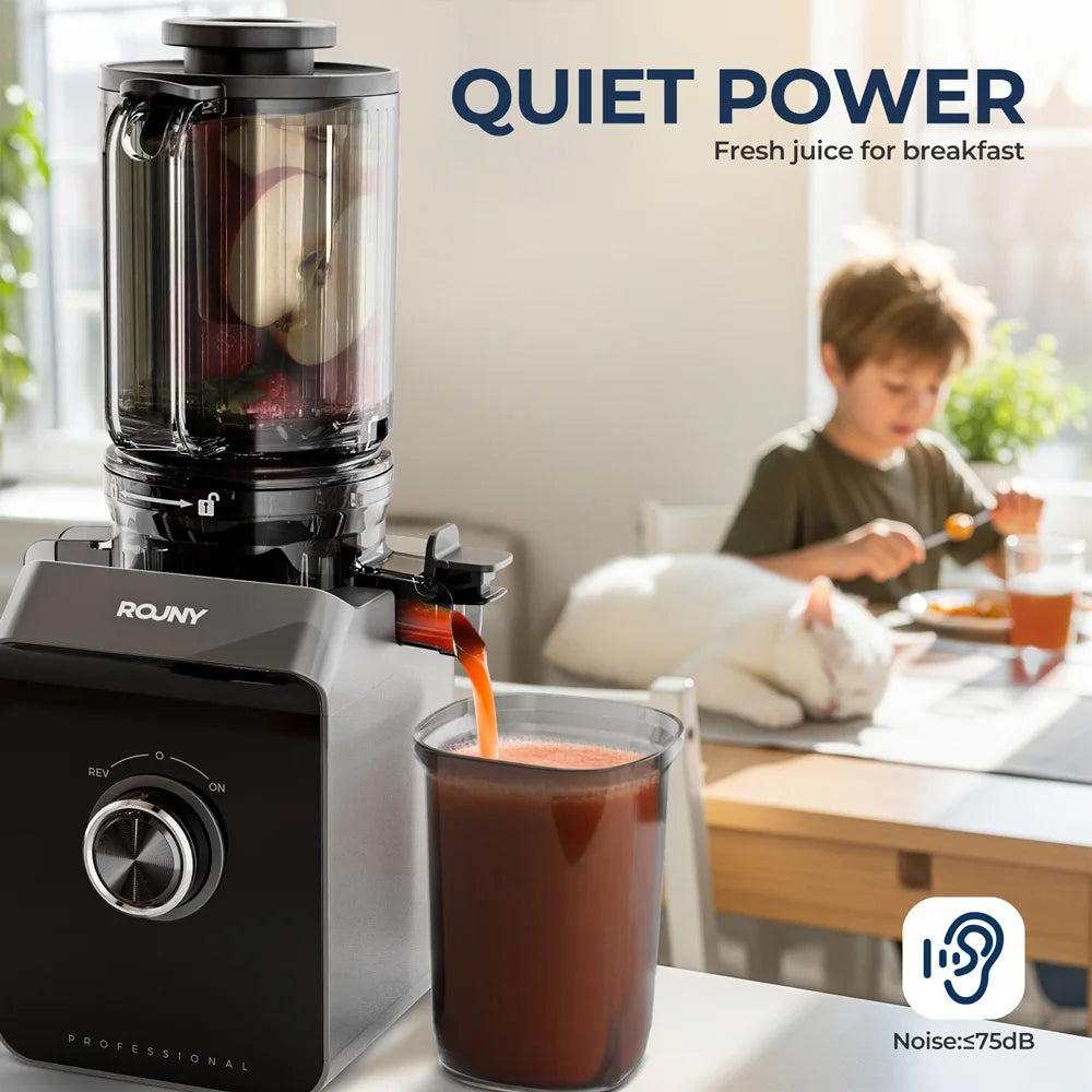 ROUNY Cold Press Extractor with Filter-Free, Easy Clean Electric Fruit Slow Juicer Machine with 130mm Large Feed Caliber,  Black
