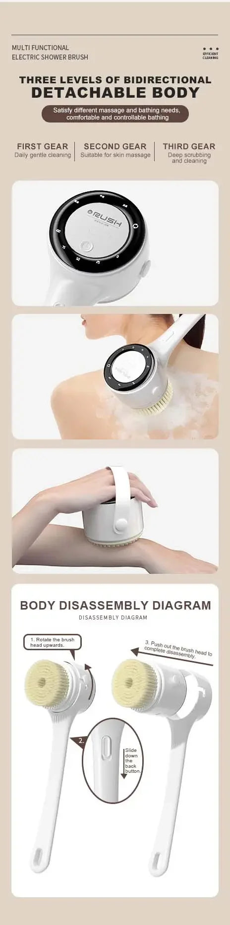 NEW Electric Shower Cleaning Brush 5 Heads 3 Gears Spinning Spa Bath Brush Waterproof Long Handle for Personal Body Back Rubbing