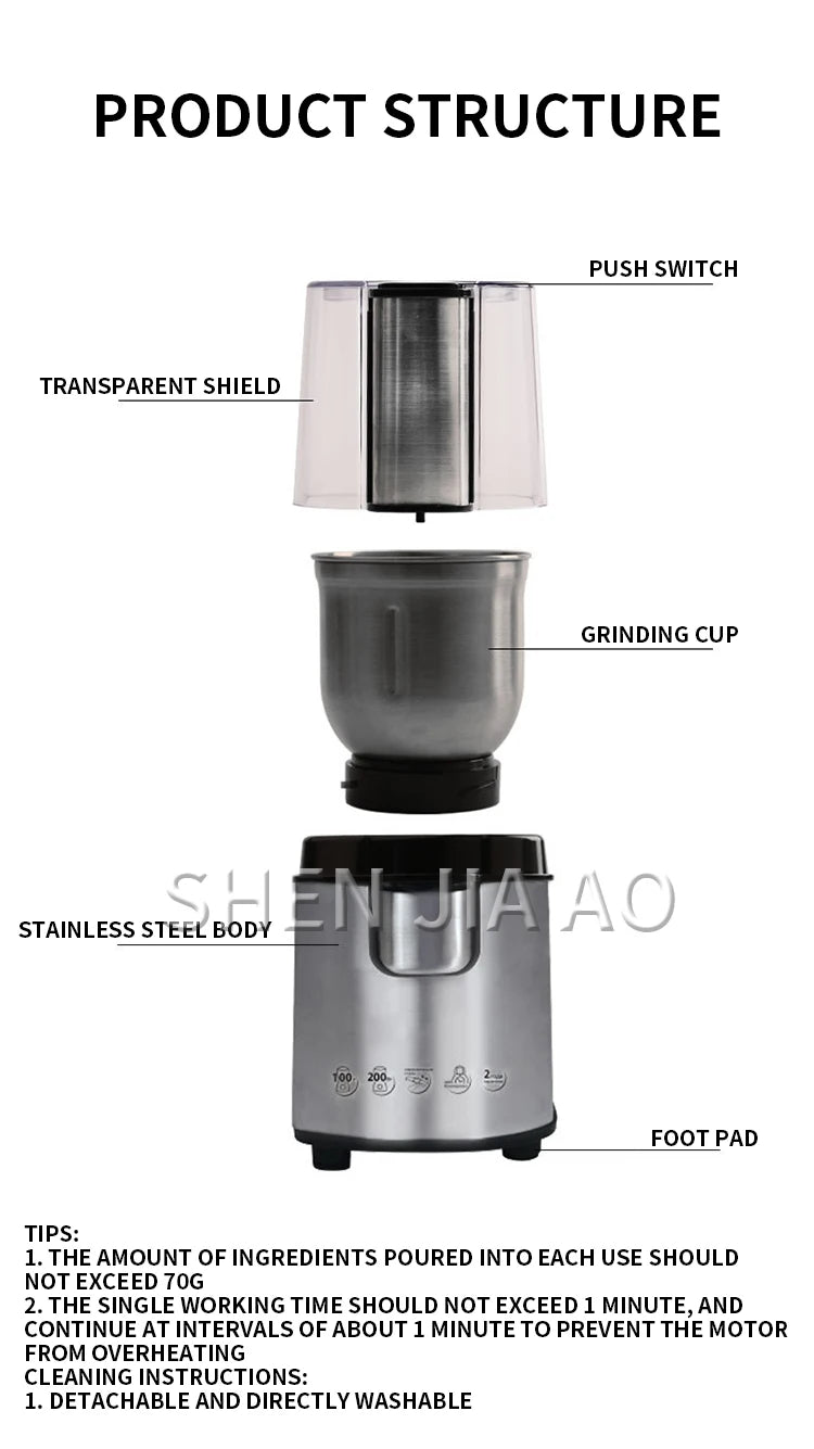 CM-3020S Household Electric Coffee Bean Grinder Removable Cleaning Bean Grinder Coffee Grinder Stainless Steel 220-240V