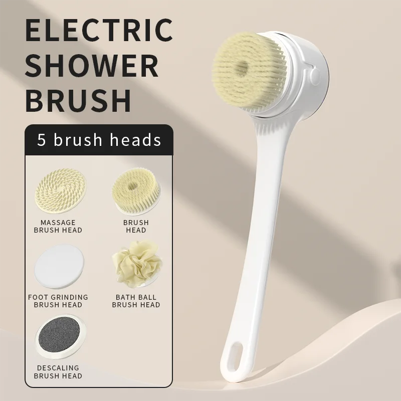 NEW Electric Shower Cleaning Brush 5 Heads 3 Gears Spinning Spa Bath Brush Waterproof Long Handle for Personal Body Back Rubbing