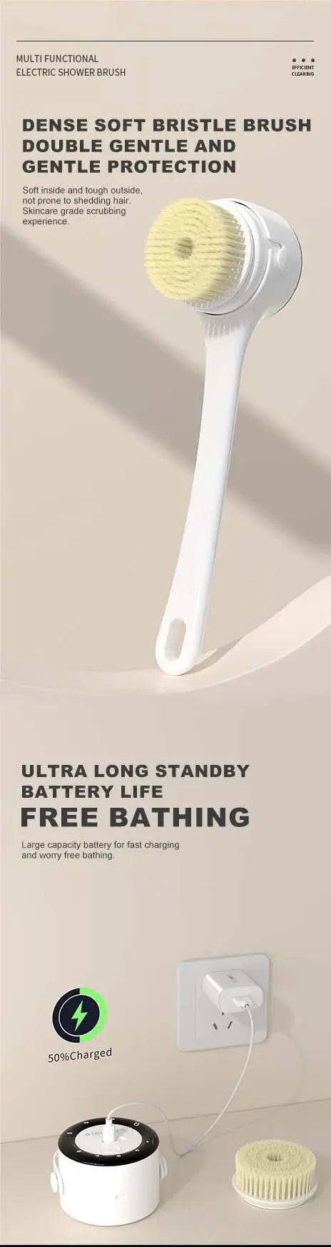 NEW Electric Shower Cleaning Brush 5 Heads 3 Gears Spinning Spa Bath Brush Waterproof Long Handle for Personal Body Back Rubbing