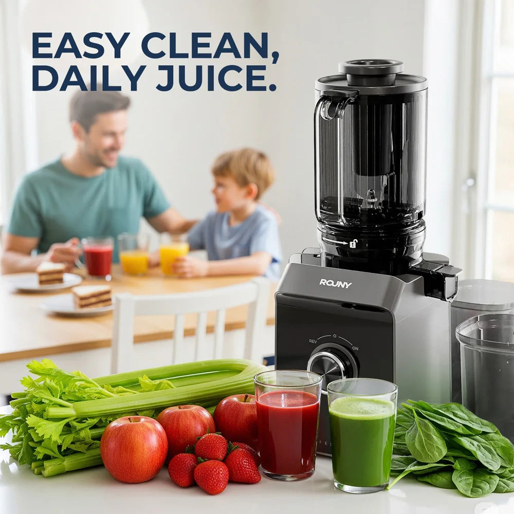 ROUNY Cold Press Extractor with Filter-Free, Easy Clean Electric Fruit Slow Juicer Machine with 130mm Large Feed Caliber,  Black