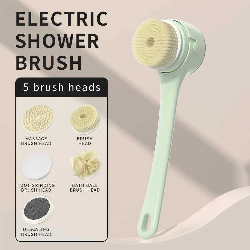 NEW Electric Shower Cleaning Brush 5 Heads 3 Gears Spinning Spa Bath Brush Waterproof Long Handle for Personal Body Back Rubbing