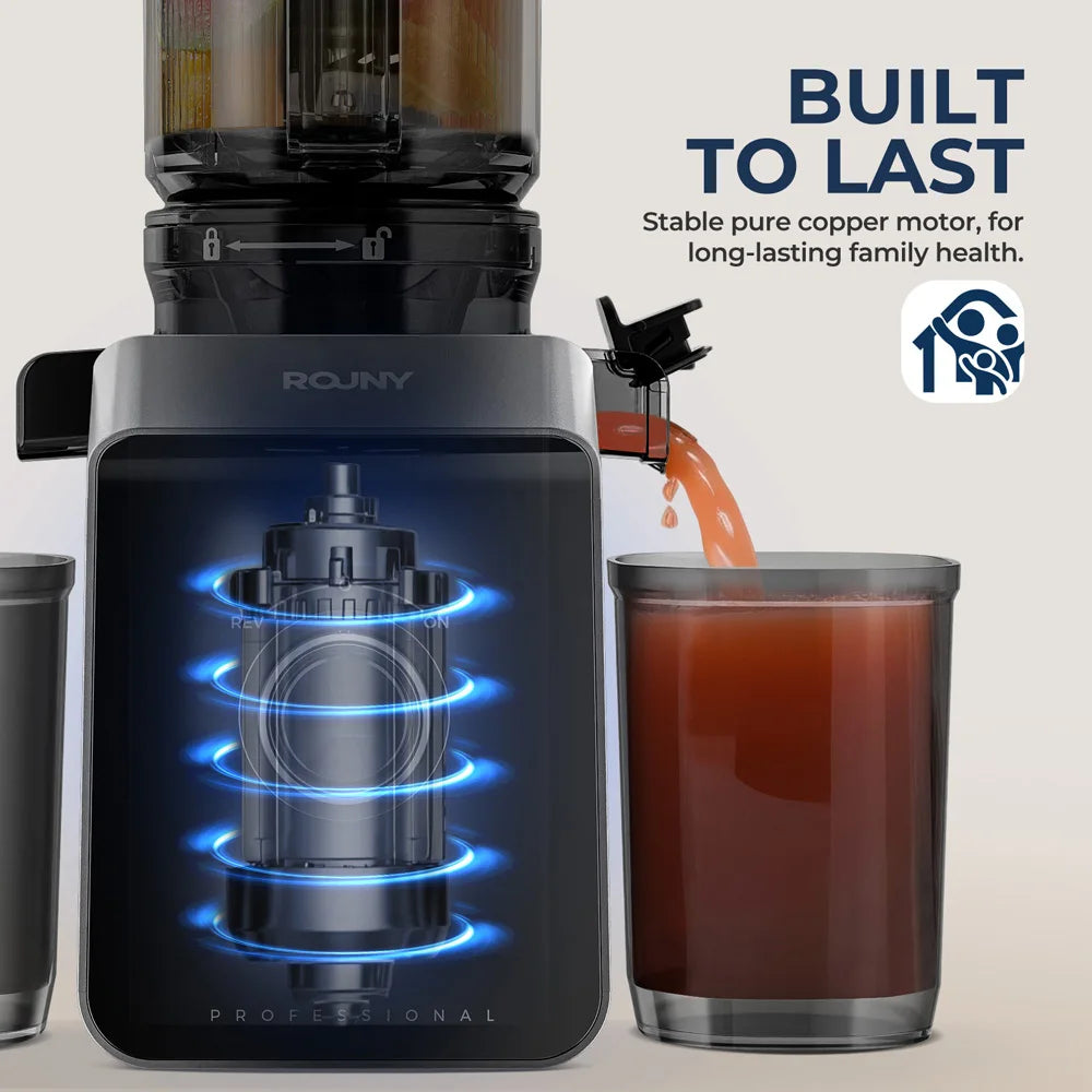 ROUNY Cold Press Extractor with Filter-Free, Easy Clean Electric Fruit Slow Juicer Machine with 130mm Large Feed Caliber,  Black