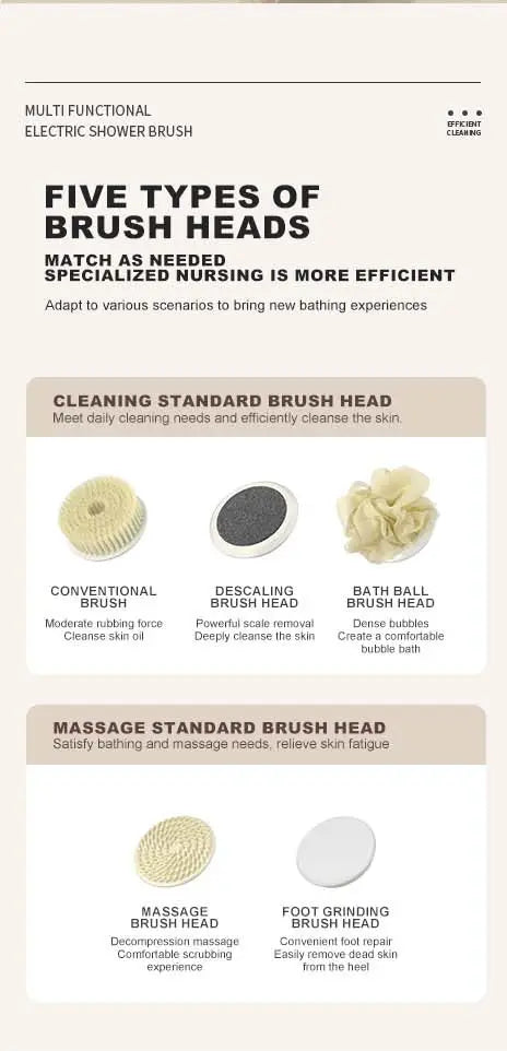 NEW Electric Shower Cleaning Brush 5 Heads 3 Gears Spinning Spa Bath Brush Waterproof Long Handle for Personal Body Back Rubbing
