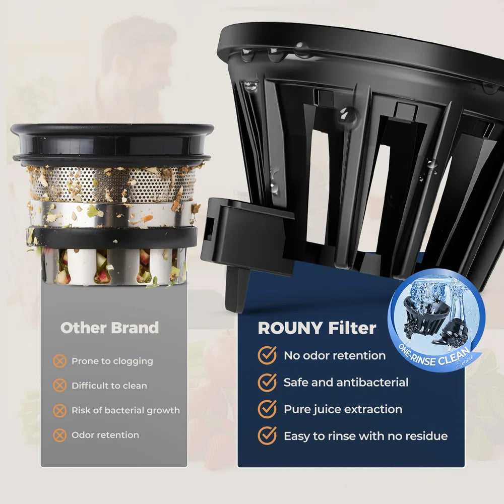 ROUNY Cold Press Extractor with Filter-Free, Easy Clean Electric Fruit Slow Juicer Machine with 130mm Large Feed Caliber,  Black